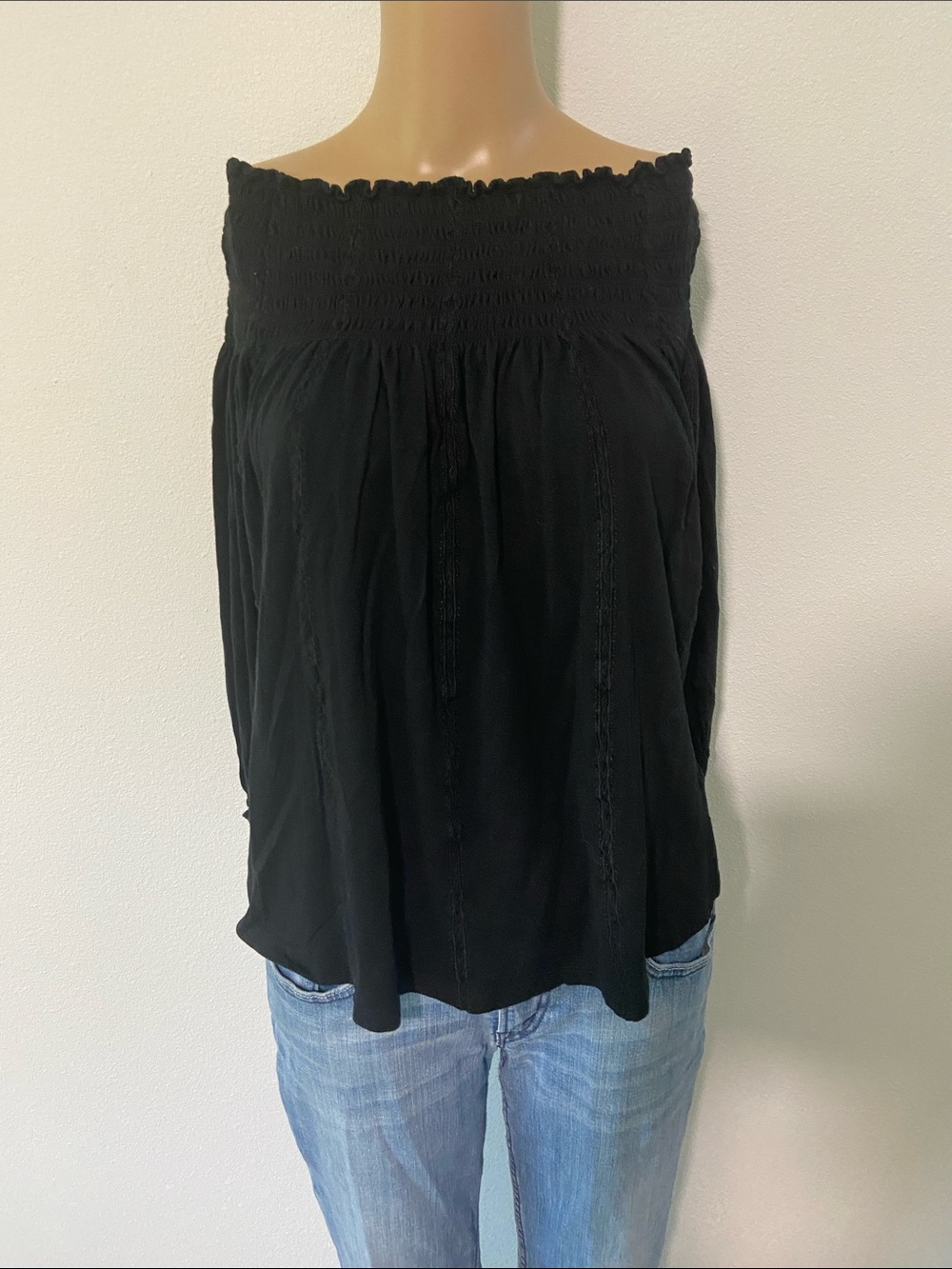 Lauren Ralph Lauren Black Smocked Off-Shoulder Tunic Top